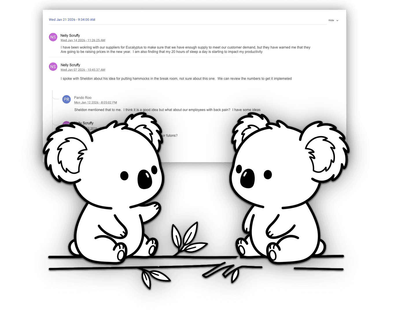 Koalas in a meeting with team conversation